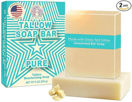 Unscented Beef Tallow Soap Twin Pack – Fragrance-Free (4.5 oz each), 2-pack grass-fed tallow moisturizing soap bars, pure unscented