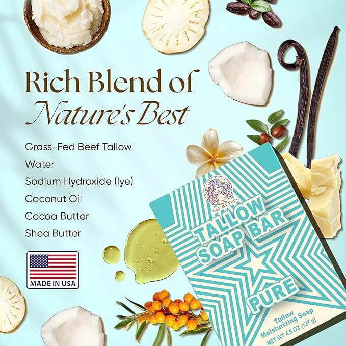 Unscented Beef Tallow Soap Twin Pack – Fragrance-Free (4.5 oz each) ingredients graphic with tallow, coconut oil, shea butter