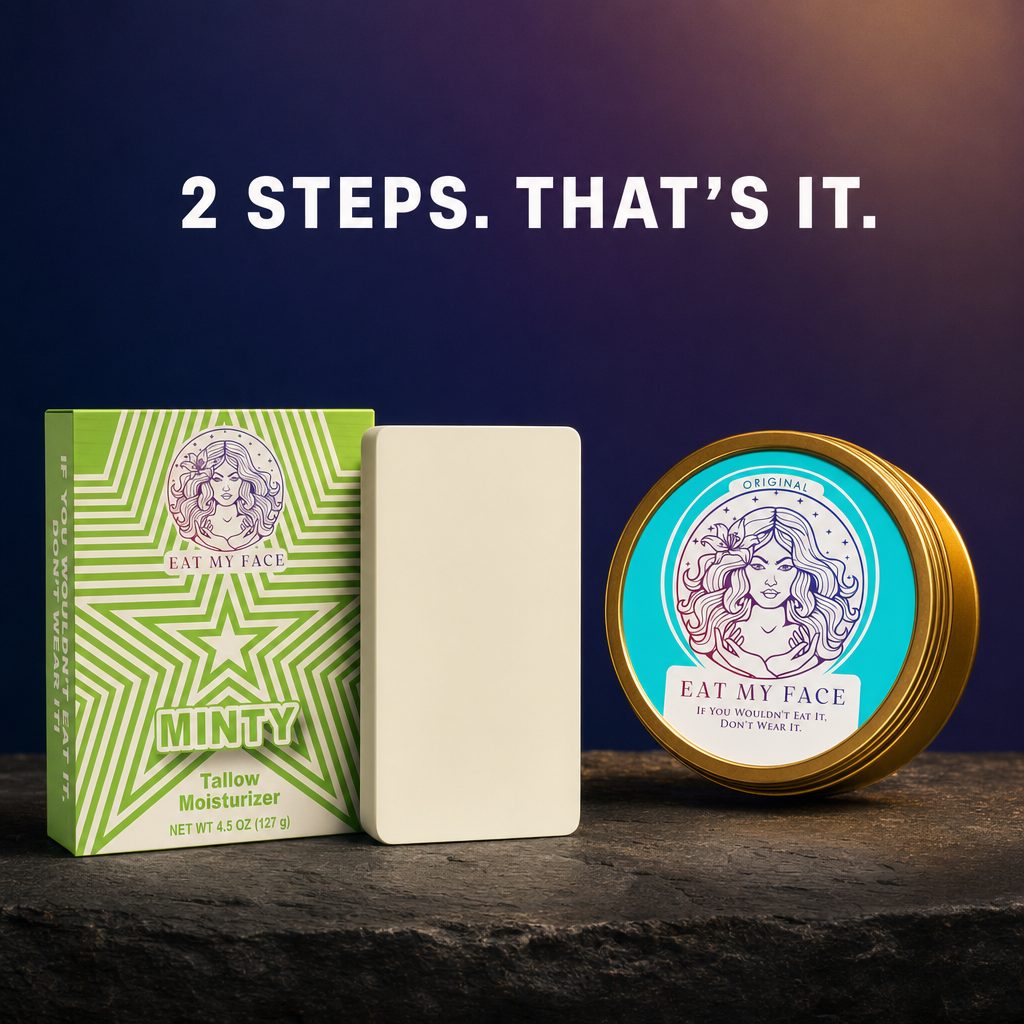 2 steps that's it: Eat My Face caveman skincare for men with mint tallow soap and Original beef tallow moisturizer on slate stone