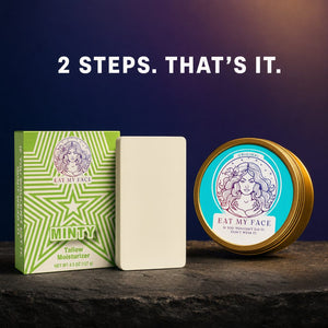 2 steps that's it: Eat My Face caveman skincare for men with mint tallow soap and Original beef tallow moisturizer on slate stone