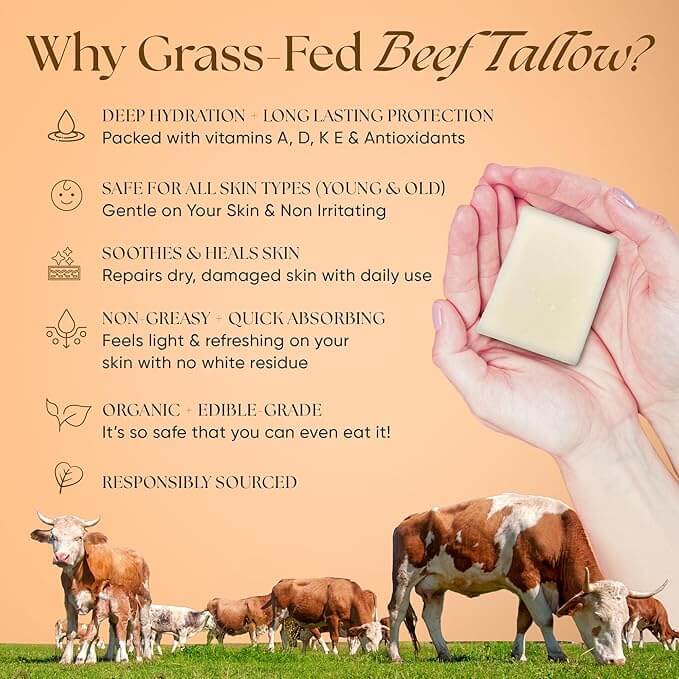 Bergamot Orange Beef Tallow Soap Twin Pack grass-fed beef tallow benefits graphic deep hydration soothing non-greasy organic responsibly sourced