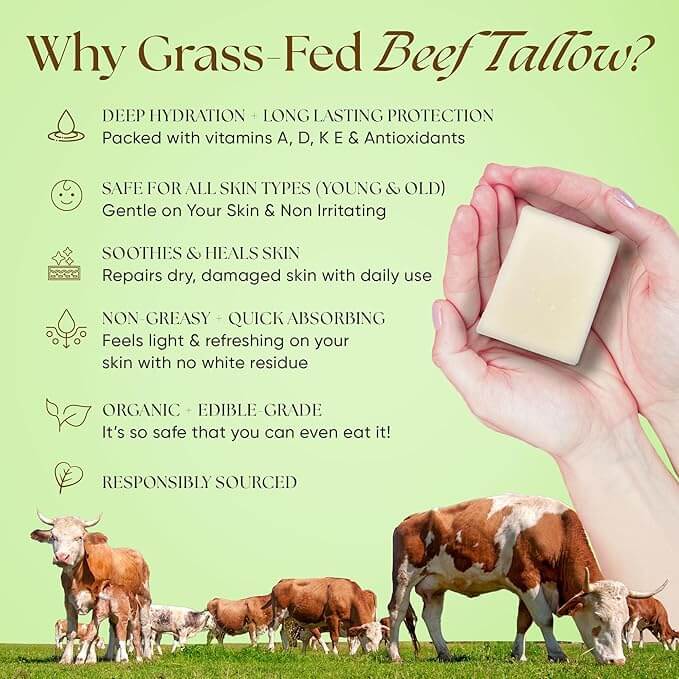 Minty Beef Tallow Soap Twin Pack – Natural Peppermint Spearmint 4.5 oz. infographic on grass-fed beef tallow soap benefits