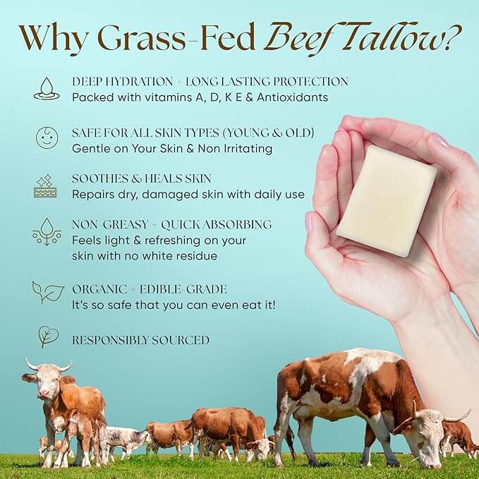 Unscented Beef Tallow Soap Twin Pack – Fragrance-Free (4.5 oz each) benefits graphic with hand holding soap and grass-fed cows