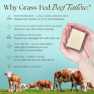 Unscented Beef Tallow Soap Twin Pack – Fragrance-Free (4.5 oz each) benefits graphic with hand holding soap and grass-fed cows
